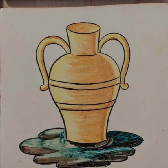 Vintage Kitchen Clay Tile Hand Painted with a Golden Amphora Vase Grazed 8.2" - Picture 8 of 8